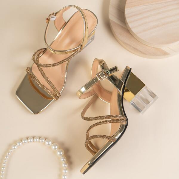 

Metallic Chunky Heeled Ankle Strap Sandals, Champagne