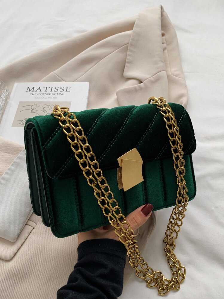 迷你时尚多用途毛绒绗缝仿珍珠装饰女士手提包 - 綠色 - 查看 3