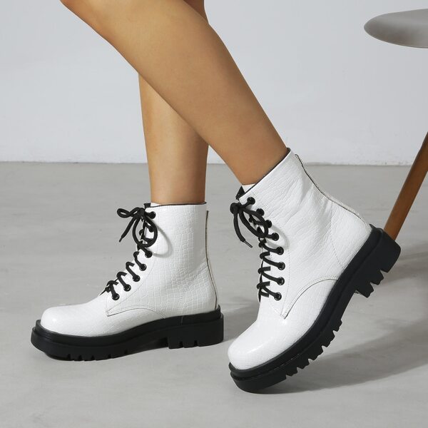 

Crocodile Graphic Lace-up Front Chunky Boots, White