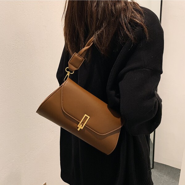 

Metallic Decor Flap Shoulder Bag, Brown