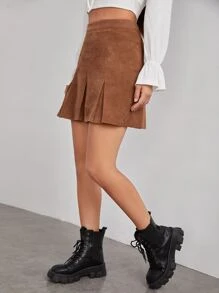 SHEIN High Waist Fold Pleated Skirt - Brown - View 1