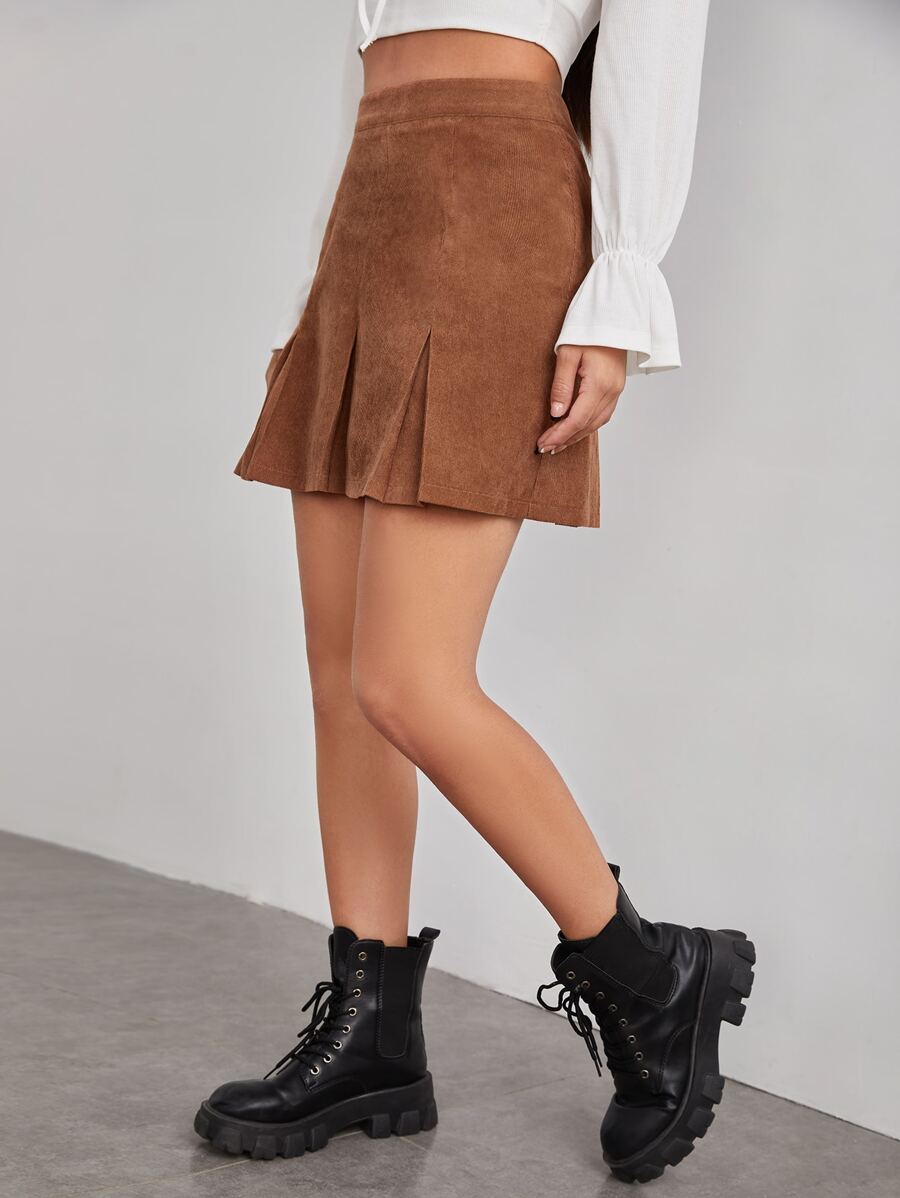 SHEIN High Waist Fold Pleated Skirt - Brown - View 1
