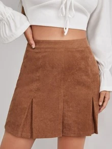 SHEIN High Waist Fold Pleated Skirt - Brown - View 3