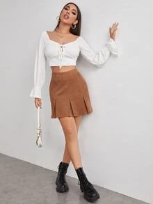 SHEIN High Waist Fold Pleated Skirt - Brown - View 4