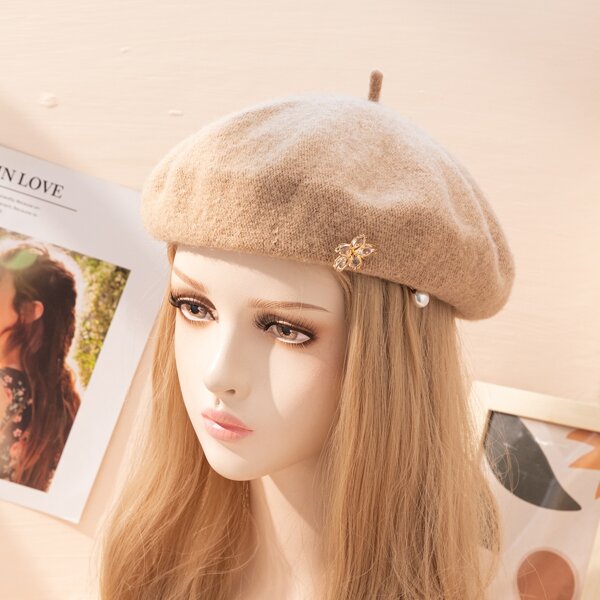 

Flower & Faux Pearl Decor Beret, Khaki