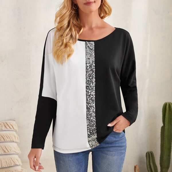 

Drop Shoulder Sequin Panel Colorblock Tee, Black and white