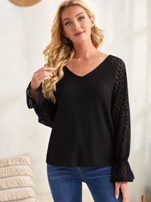 SHEIN Camiseta con encaje de manga con volante - Negro - Ver 1