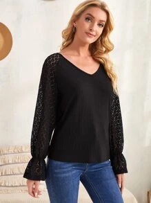 SHEIN Camiseta con encaje de manga con volante - Negro - Ver 4
