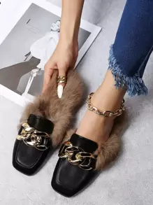 鏈條裝飾毛茸設計平底穆勒鞋 - 黑色 - 查看 1