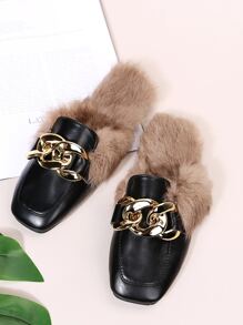 鏈條裝飾毛茸設計平底穆勒鞋 - 黑色 - 查看 2