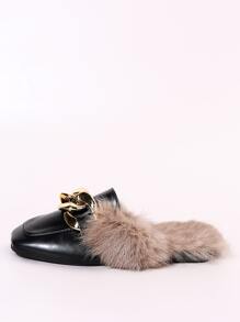 鏈條裝飾毛茸設計平底穆勒鞋 - 黑色 - 查看 3