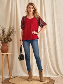 EMERY ROSE Top con estampado de dibujo de manga raglán - Rojo - Ver 5