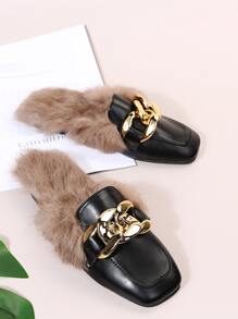 鏈條裝飾毛茸設計平底穆勒鞋 - 黑色 - 查看 4