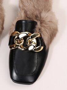 鏈條裝飾毛茸設計平底穆勒鞋 - 黑色 - 查看 6