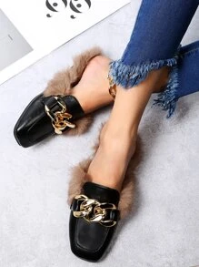 鏈條裝飾毛茸設計平底穆勒鞋 - 黑色 - 查看 7