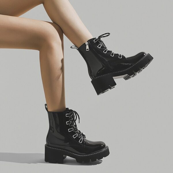 

Lace-up Front Side Zipper Chunky Boots, Black