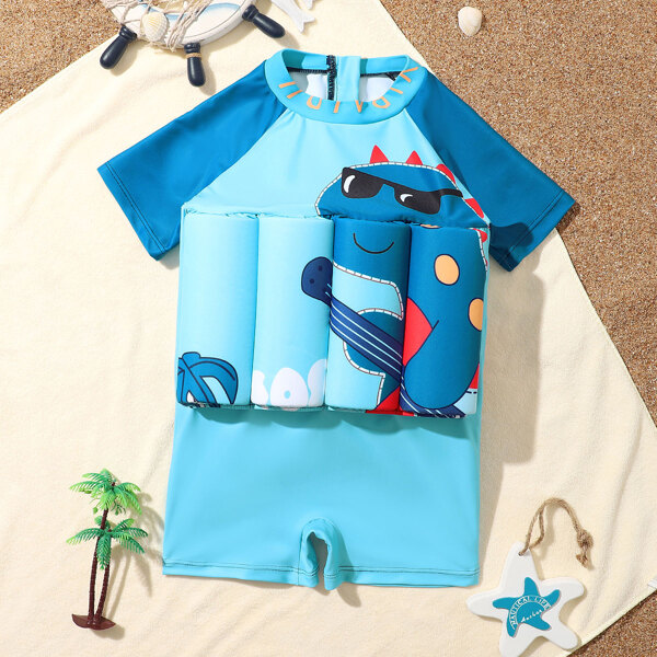 

Toddler Boys Cartoon Dinosaur Print Float One Piece Swimsuit, Blue
