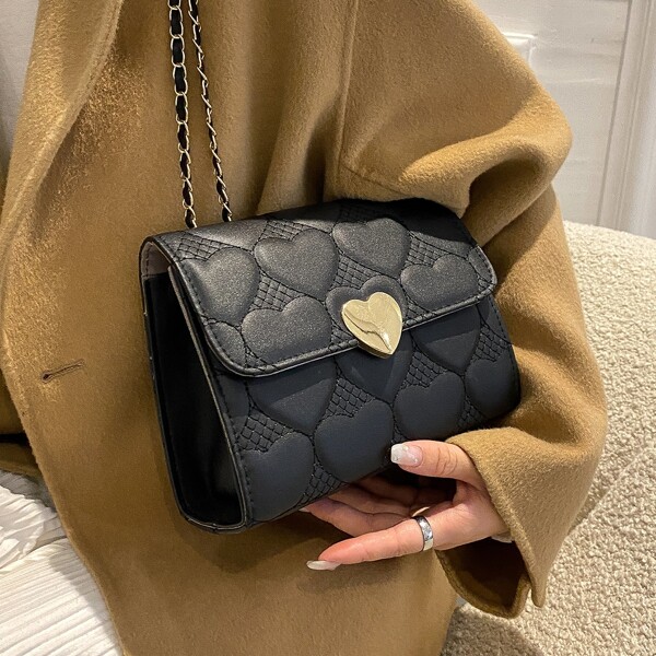

Heart Embossed Chain Flap Square Bag, Black