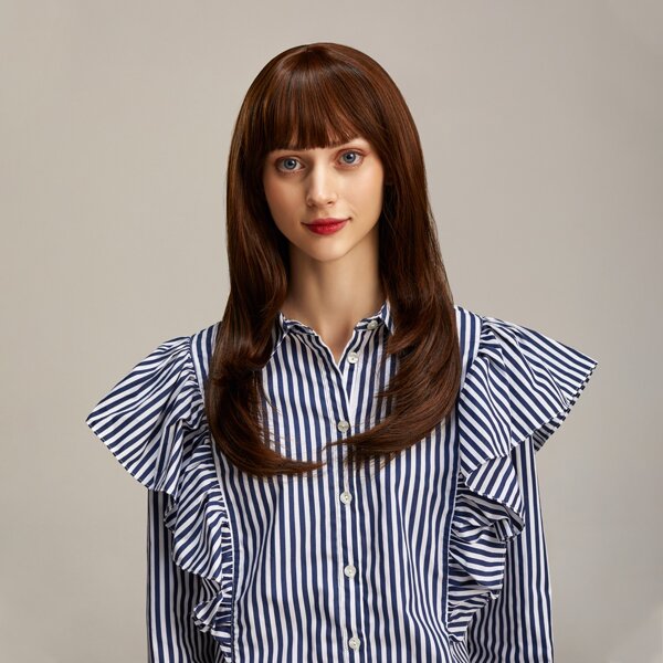 

Natural Long Curly Synthetic Wig With Bangs, Rust brown