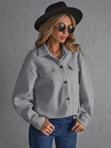 SHEIN Essnce Abrigo con bolsillo con solapa de hombros caídos con botón delantero - Gris Claro - Ver 3