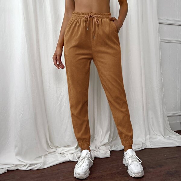 

Slant Pocket Drawstring Waist Corduroy Pants, Brown