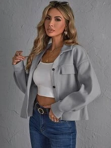SHEIN Essnce Abrigo con bolsillo con solapa de hombros caídos con botón delantero - Gris Claro - Ver 5