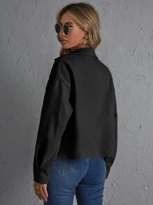 SHEIN Essnce Abrigo con bolsillo con solapa de hombros caídos con botón delantero - Negro - Ver 2