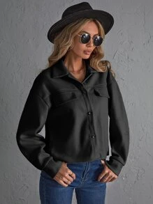 SHEIN Essnce Abrigo con bolsillo con solapa de hombros caídos con botón delantero - Negro - Ver 3