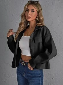 SHEIN Essnce Abrigo con bolsillo con solapa de hombros caídos con botón delantero - Negro - Ver 5