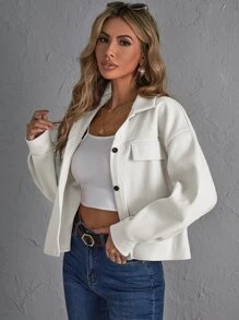 SHEIN Essnce Abrigo con bolsillo con solapa de hombros caídos con botón delantero - Blanco - Ver 5