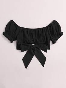 Soleia Tied Hem Puff Sleeve Crop Top Spring Break Bow Crop Women Tops - Black - View 2