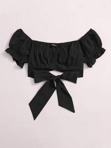 Soleia Tied Hem Puff Sleeve Crop Top Spring Break Bow Crop Women Tops - Black - View 3
