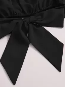 Soleia Tied Hem Puff Sleeve Crop Top Spring Break Bow Crop Women Tops - Black - View 4