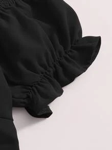 Soleia Tied Hem Puff Sleeve Crop Top Spring Break Bow Crop Women Tops - Black - View 5