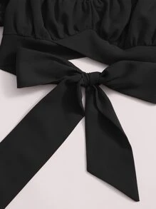Soleia Tied Hem Puff Sleeve Crop Top Spring Break Bow Crop Women Tops - Black - View 6