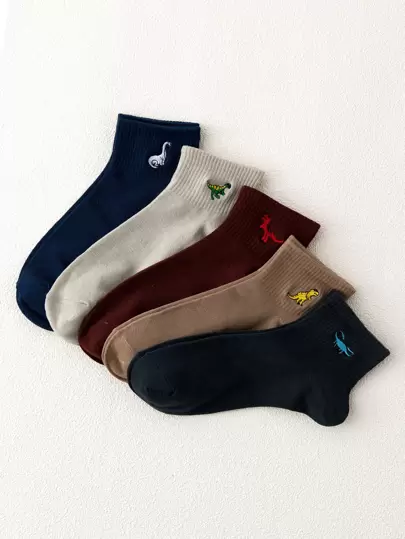 5 双男士趣味个性化卡通可爱恐龙刺绣图案踝袜，运动袜，四季皆宜，欧洲尺码，舒适透气耐用，色彩丰富，适合日常穿着，优质面料，不出汗