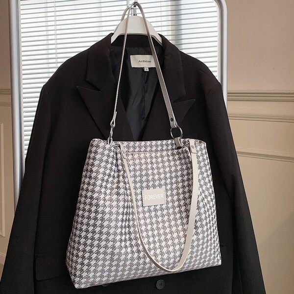 

Houndstooth Pattern Letter Patch Shoulder Tote Bag, Grey