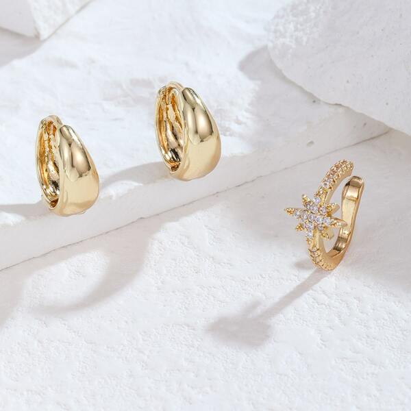 

3pcs Rhinestone Star Decor Earrings, Gold