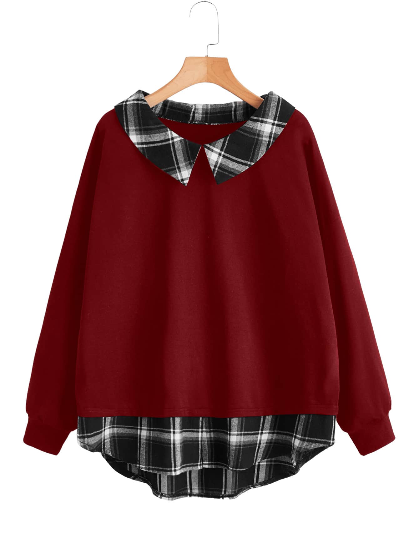 Plus Plaid High Low Sweatshirt - Burgundy - View 3