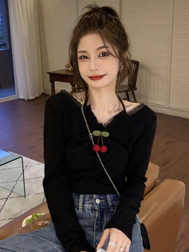 Cherry Detail Lace Trim Crop Tee - Black - View 1