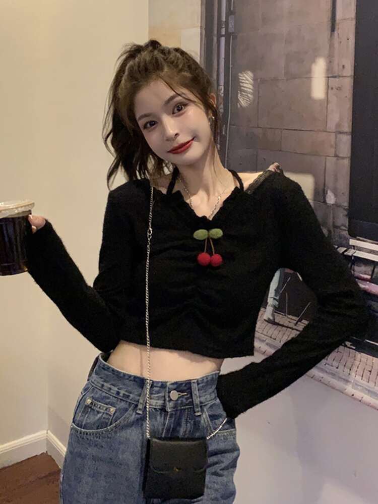 Cherry Detail Lace Trim Crop Tee - Black - View 5