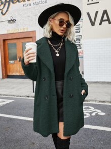 Double Breasted Lapel Collar Teddy Coat - Dark Green - View 1