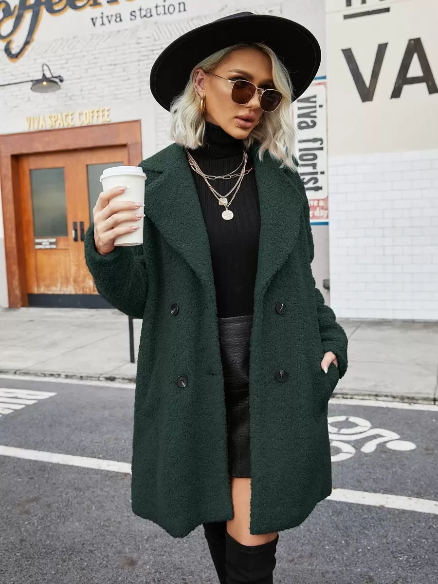 Double Breasted Lapel Collar Teddy Coat - Dark Green - View 1