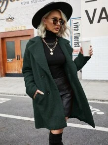 Double Breasted Lapel Collar Teddy Coat - Dark Green - View 3