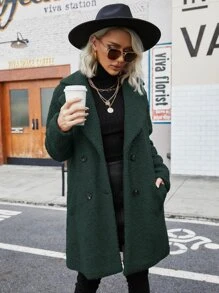 Double Breasted Lapel Collar Teddy Coat - Dark Green - View 4