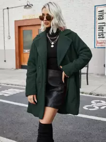 Double Breasted Lapel Collar Teddy Coat - Dark Green - View 5