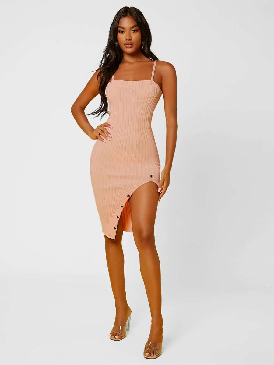SHEIN SXY Vestido de tirantes con diseño de botón de muslo con abertura tejido de canalé - Rosa coral - Ver 1