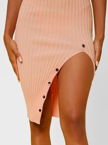 SHEIN SXY Vestido de tirantes con diseño de botón de muslo con abertura tejido de canalé - Rosa coral - Ver 5
