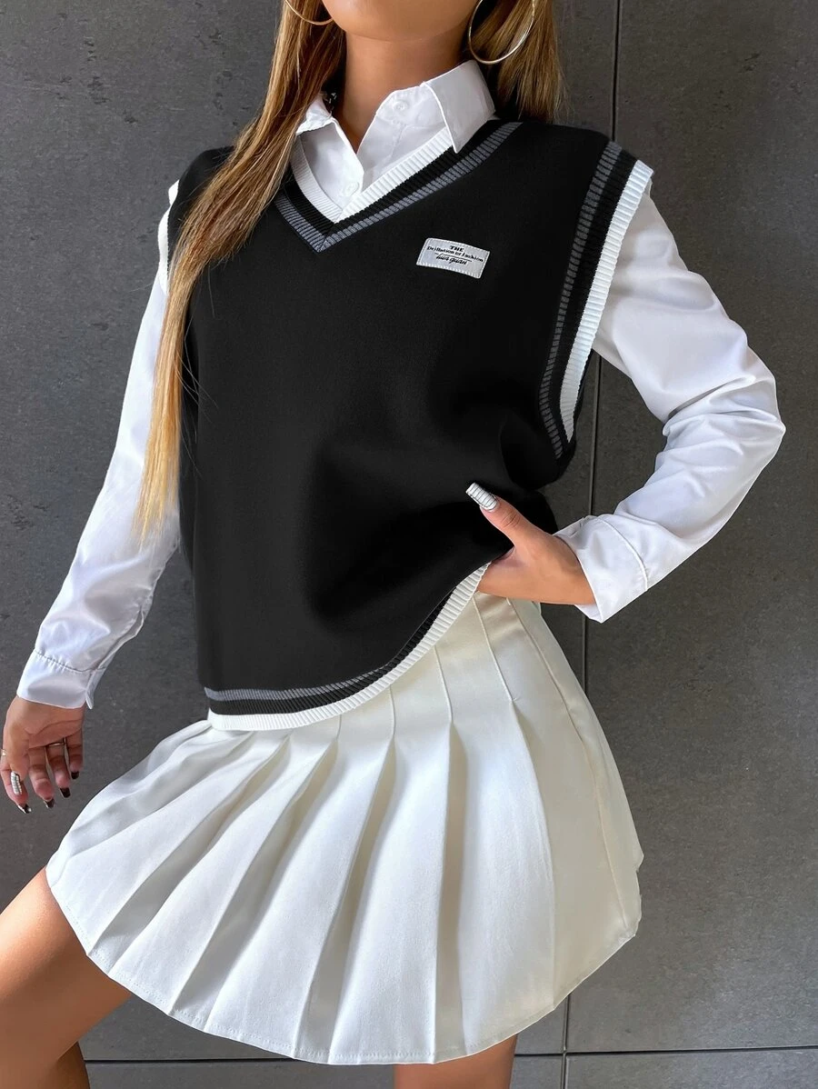 SHEIN Unity Patched Detail Striped Trim Tank Top Without Blouse Graphic Tees Women Tops - Black - View 1