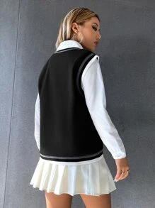 SHEIN Unity Patched Detail Striped Trim Tank Top Without Blouse Graphic Tees Women Tops - Black - View 2